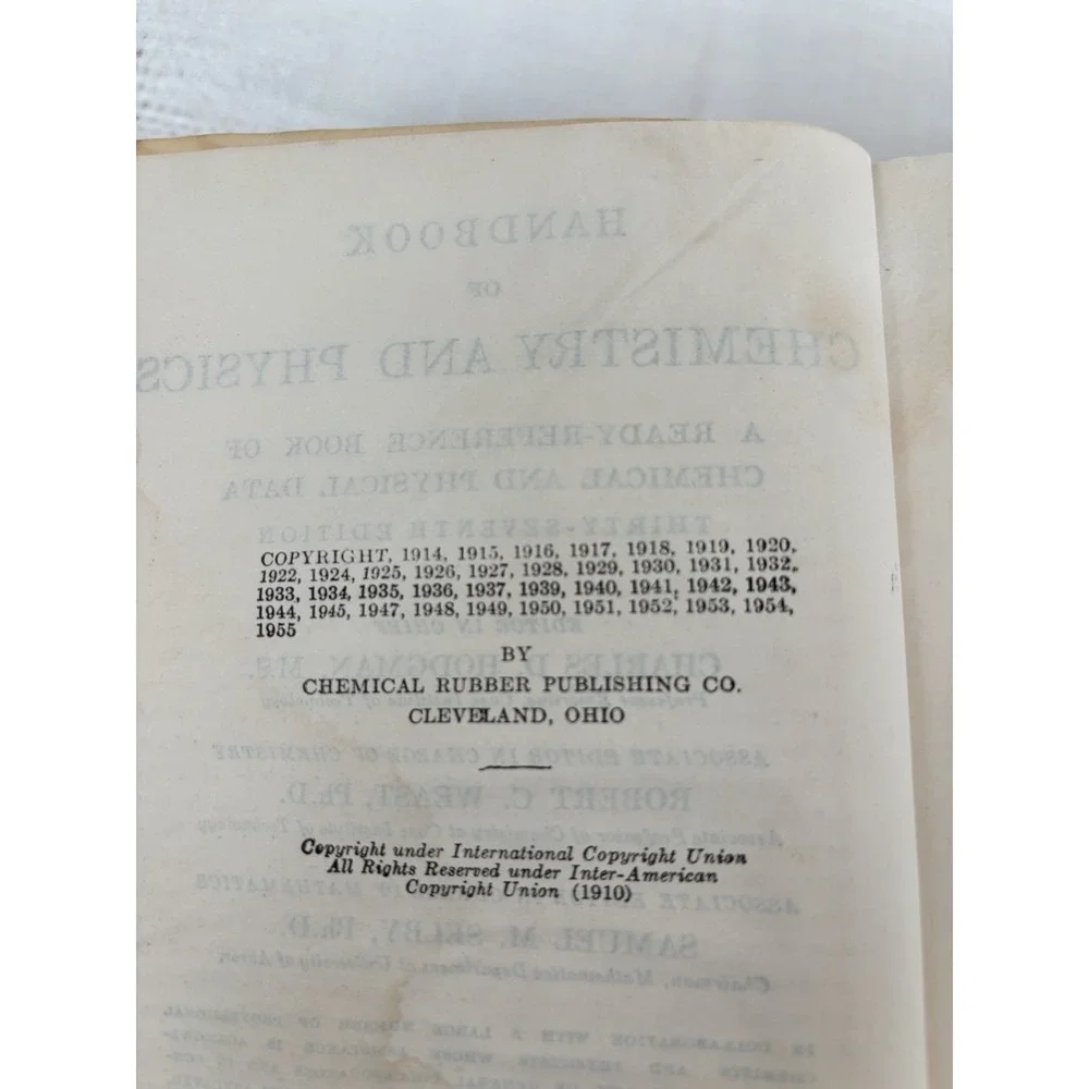 Handbook Of Chemistry And Physics 37th  Edition 1955 Chemical Rubber